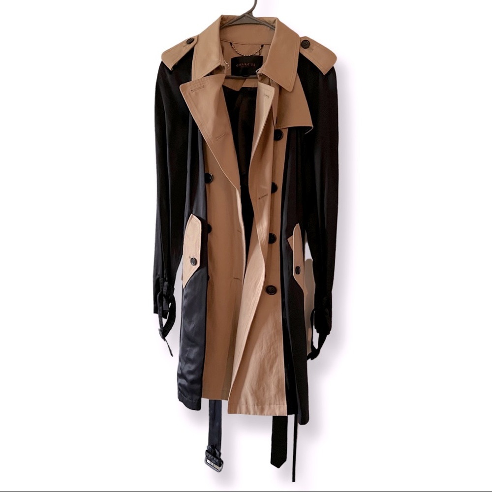 Coach Black and Tan Satin Trench Coat-Never Worn Sz Large